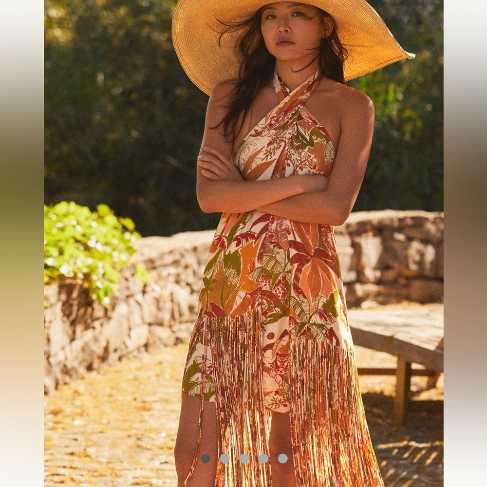 New FARM Rio Leopard Forest Fringed Halter Dress